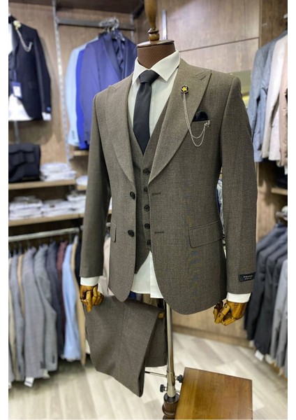 Slimfit Kesim Erkek Armur Desen Yelekli Takim Elbise-Kahve
