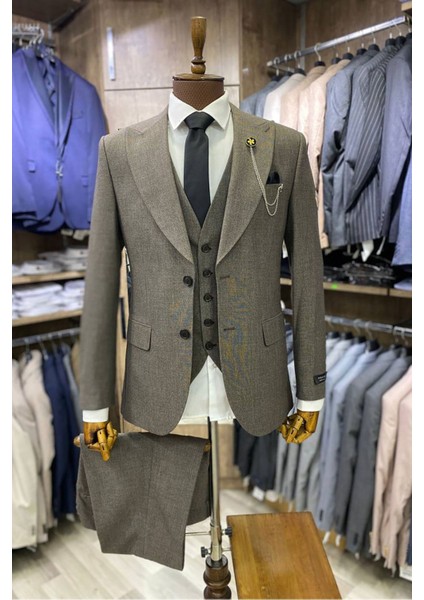 Slimfit Kesim Erkek Armur Desen Yelekli Takim Elbise-Kahve modelleri