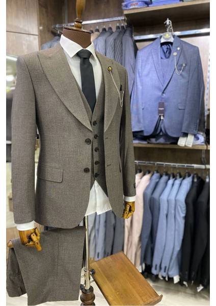 Slimfit Kesim Erkek Armur Desen Yelekli Takim Elbise-Kahve fırsatları