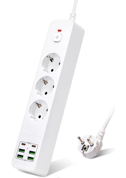 H-01 Hızlı Şarj Istasyonu 3000W 3'lü Priz 2 Metre Uzatma Kablosu Çoklu Priz 4 USB 2 Type C Girişli On Off Düğmeli