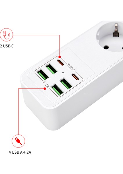 H-01 Hızlı Şarj Istasyonu 3000W 3'lü Priz 2 Metre Uzatma Kablosu Çoklu Priz 4 USB 2 Type C Girişli On Off Düğmeli