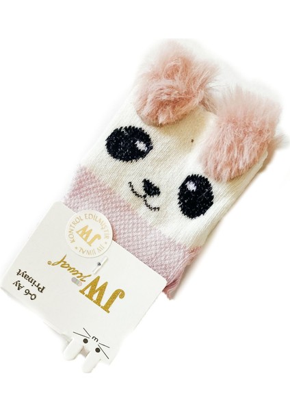 Kız Bebek 0-6 Ay Kedi Figürlü Peluş Tüy Kulaklı Çorap