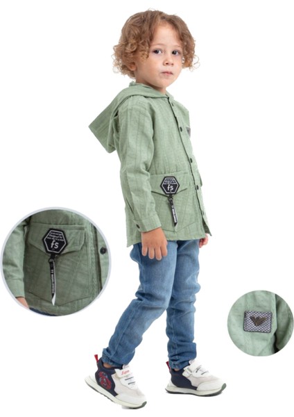 Erkek Çocuk Yeşil Renk Kapüşonlu Balıksırtı Kumaş Gömlek ve Denim Beli Lastikli Pantolon Mevsimlik 2 Parça Takım