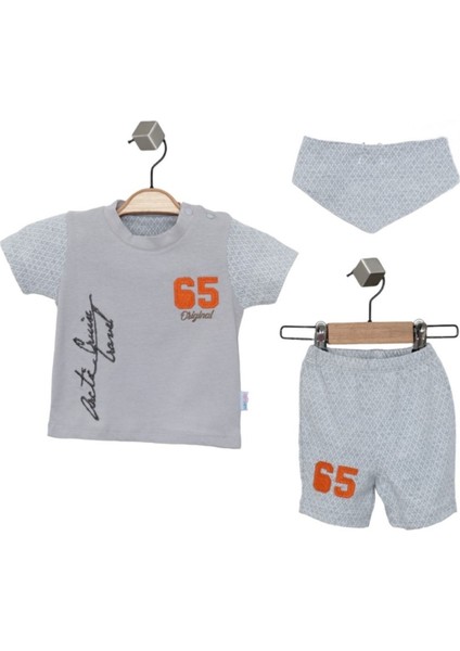 Erkek Bebek Bej Renk Nakışlı Pamuk Mevsimlik Yazlık College T-Shirt Önlük ve Şort Takım