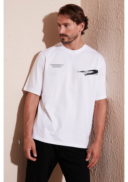 Pamuk Baskılı Oversize Bisiklet Yaka T Shirt Erkek 5902651