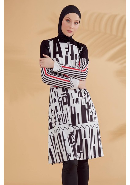 Siyah Geometrik Desenli Tam Kapalı Tesettür Mayo M2302S