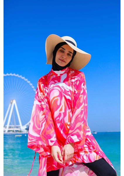 Desenli Fuşya Tam Kapalı Tesettür Mayo M2322F