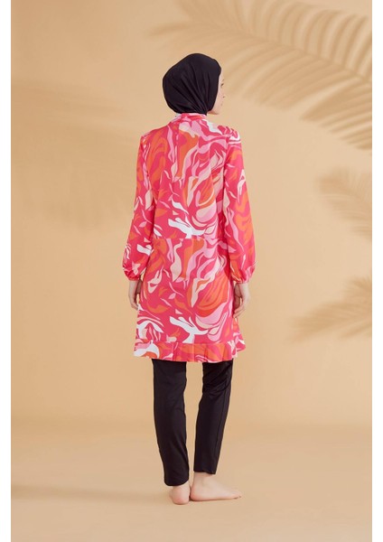 Desenli Fuşya Tam Kapalı Tesettür Mayo M2322F fiyatları