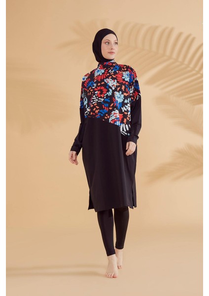 Paraşüt Çiçekli Siyah Tam Kapalı Tesettür Mayo M2313S