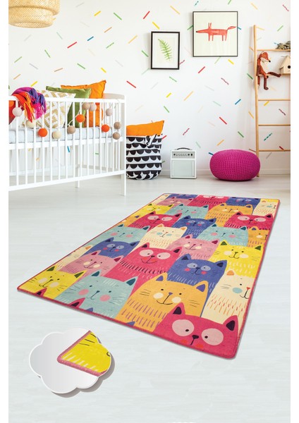 Cats Renkli Çocuk Halısı Djt Çocuk ve Bebek Halısı Yıkanabilir ,Leke Tutmaz 140 x 190