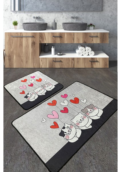 Kitten Banyo Halısı 2'li Set Banyo Halısı Paspas Kaymaz Taban Yıkanabilir Djtbanyo
