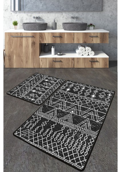 Straordinario Siyah Banyo Halısı Djt 2 Li Set, Banyo Halısı , Banyo Paspası Yıkanabilir