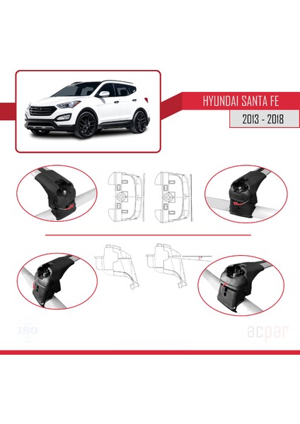 Hyundai Santa Fe (Dm) 2013-2018 Arası ile Uyumlu Ace-2 Ara Atkı Tavan Barı Gri