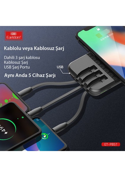 EHZ Teknoloji Arka Yapışkanlı 10.000 Mah 5in1 Kablosuz Şarjlı Pd Hızlı Şarj Powerbank