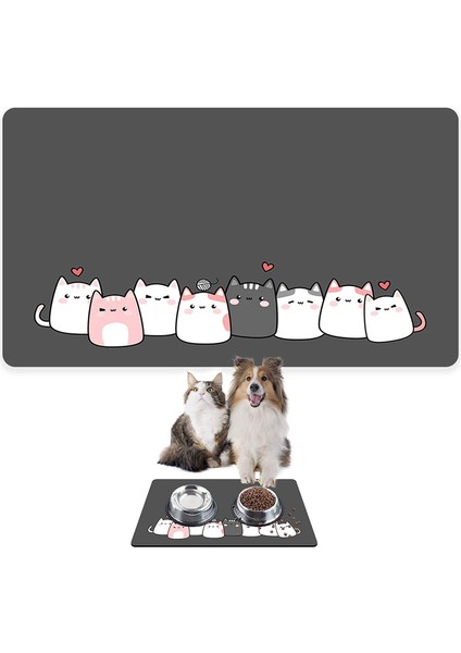 Mama ve Su Evcil Hayvan Beslenme Matı, Kolay Temizlenen Emici Su Geçirmez Kumaş, Küçük Orta Boy ve Büyük Kedi ve Köpekler Için Dayanıklı Köpek Kedi Paspas (50X35, Cute Gri)