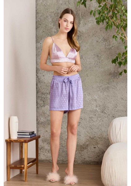 1225 Kadın Empirme Saten 3'lü Şort Takım-Violet