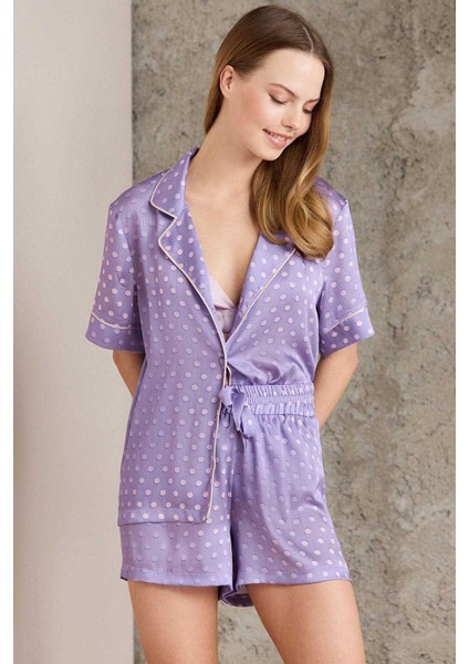 1225 Kadın Empirme Saten 3'lü Şort Takım-Violet fiyatları