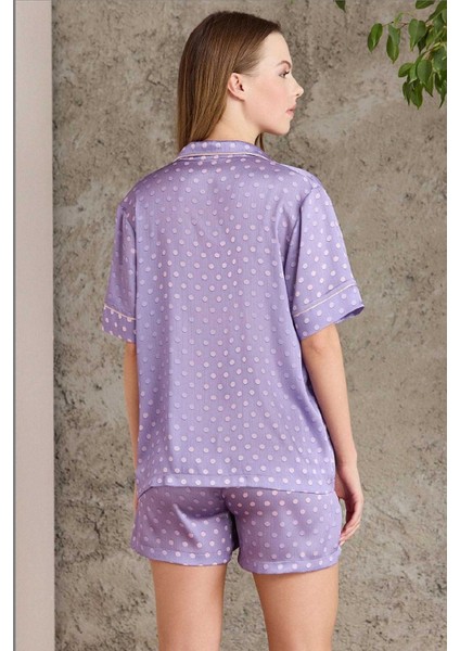 1225 Kadın Empirme Saten 3'lü Şort Takım-Violet modelleri