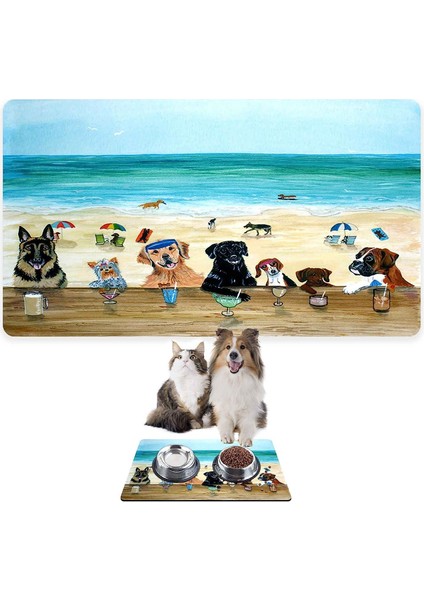 Mama ve Su Evcil Hayvan Beslenme Matı, Kolay Temizlenen Emici Su Geçirmez Kumaş, Küçük Orta Boy ve Büyük Kedi ve Köpekler Için Dayanıklı Köpek Kedi Paspas (50X35, Summer Dogs)