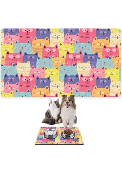 Mama ve Su Evcil Hayvan Beslenme Matı, Kolay Temizlenen Emici Su Geçirmez Kumaş, Küçük Orta Boy ve Büyük Kedi ve Köpekler Için Dayanıklı Köpek Kedi Paspas (50X35, Renkli Sevimli Kediler)