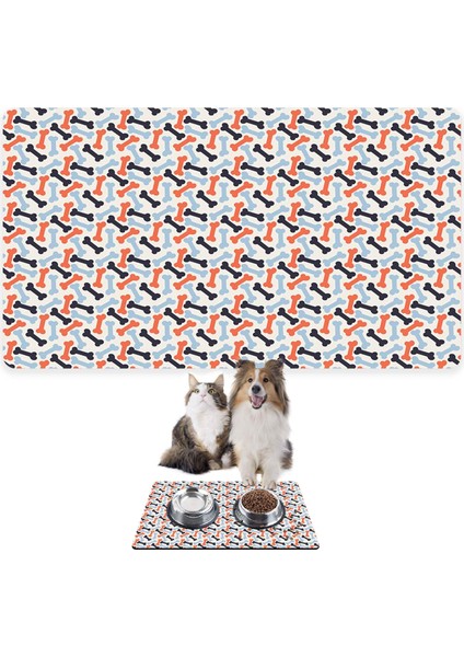 Mama ve Su Evcil Hayvan Beslenme Matı, Kolay Temizlenen Emici Su Geçirmez Kumaş, Küçük Orta Boy ve Büyük Kedi ve Köpekler Için Dayanıklı Köpek Kedi Paspas (50X35, Renkli Kemikler)
