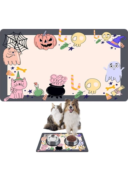 Mama ve Su Evcil Hayvan Beslenme Matı, Kolay Temizlenen Emici Su Geçirmez Kumaş, Küçük Orta Boy ve Büyük Kedi ve Köpekler Için Dayanıklı Köpek Kedi Paspas (50X35, Halloween)