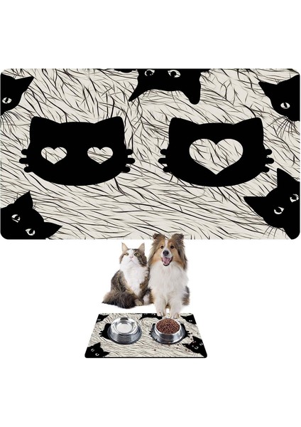 Mama ve Su Evcil Hayvan Beslenme Matı, Kolay Temizlenen Emici Su Geçirmez Kumaş, Küçük Orta Boy ve Büyük Kedi ve Köpekler Için Dayanıklı Köpek Kedi Paspas (50X35, Black Cats)