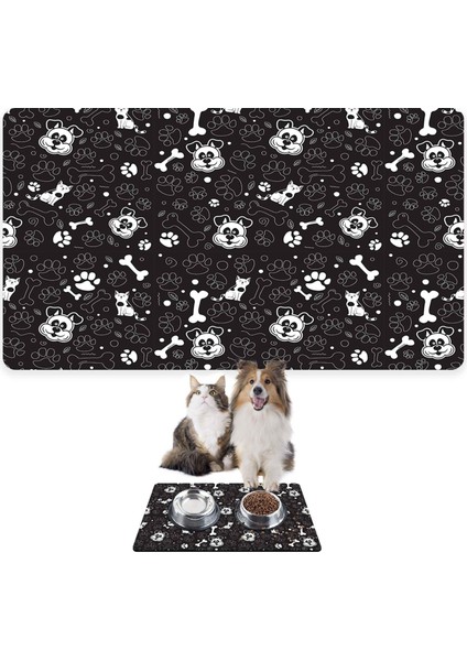 Mama ve Su Evcil Hayvan Beslenme Matı, Kolay Temizlenen Emici Su Geçirmez Kumaş, Küçük Orta Boy ve Büyük Kedi ve Köpekler Için Dayanıklı Köpek Kedi Paspas (50X35, Siyah Köpek Mat)