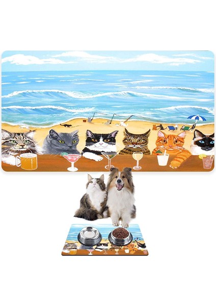 Mama ve Su Evcil Hayvan Beslenme Matı, Kolay Temizlenen Emici Su Geçirmez Kumaş, Küçük Orta Boy ve Büyük Kedi ve Köpekler Için Dayanıklı Köpek Kedi Paspas (50X35, Summer Cats)