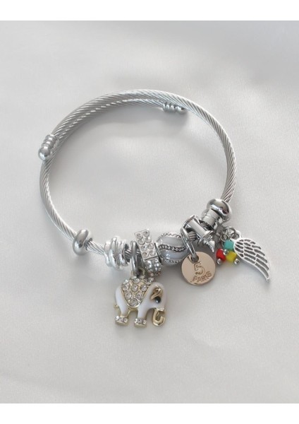 Gümüş Renkli Fil Figür Zirkon Taş Detaylı Charm Bileklik