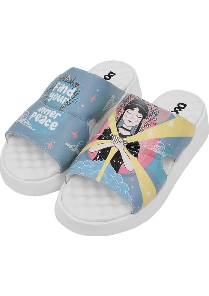 Kadın Vegan Deri Mavi Terlik - Find Your Inner Peace Tasarım