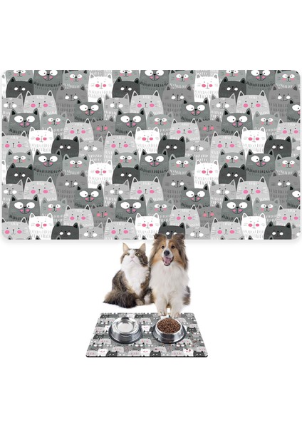 Mama ve Su Evcil Hayvan Beslenme Matı, Kolay Temizlenen Emici Su Geçirmez Kumaş, Küçük Orta Boy ve Büyük Kedi ve Köpekler Için Dayanıklı Köpek Kedi Paspas (40X60, Gri Kediler)