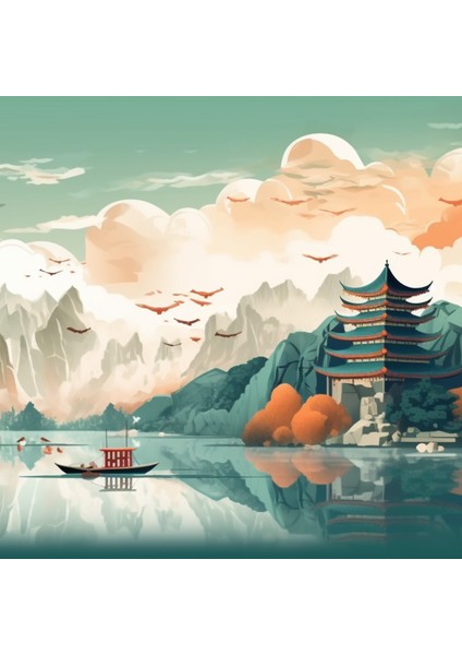 Japon Göl Manzaralı Poster Duvar Kağıdı Tek Parça