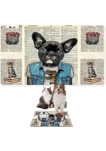 Mama ve Su Evcil Hayvan Beslenme Matı, Kolay Temizlenen Emici Su Geçirmez Kumaş, Küçük Orta Boy ve Büyük Kedi ve Köpekler Için Dayanıklı Köpek Kedi Paspas (40X60, Bulldog)