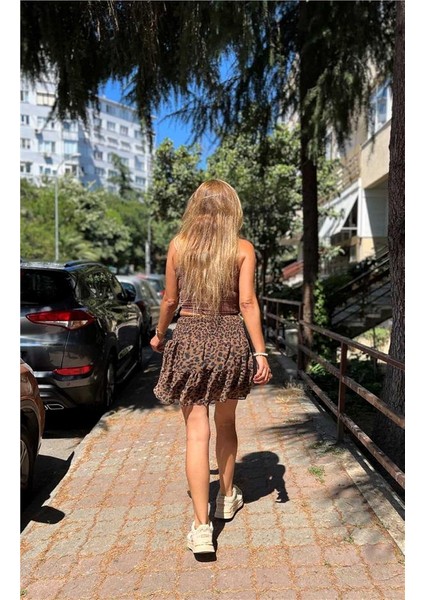 Leopar Beli Kalın Lastik Detaylı Astarlı Şifon Etek fiyatları