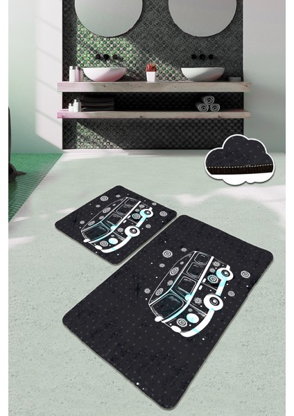 Bus 2 Li Set Banyo Halısı Paspas Klozet Takımı Yıkanabilir , Kaymaz Taban