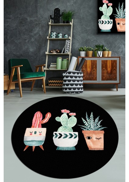Happy Cactus Djt Siyah Çap Kaymaz Taban , Yıkanabilir Halı 140 x 140