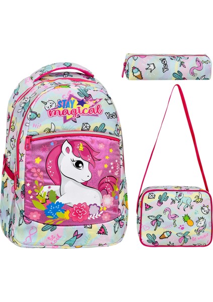 3'lü Okul Seti, Gökkuşağı Unicorn Desenli İlkokul Çantası + Beslenme Çantası + Kalemlik