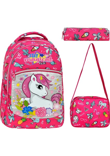 3'lü Okul Seti, Pembe Unicorn Desenli Desenli İlkokul Çantası + Beslenme Çantası + Kalemlik