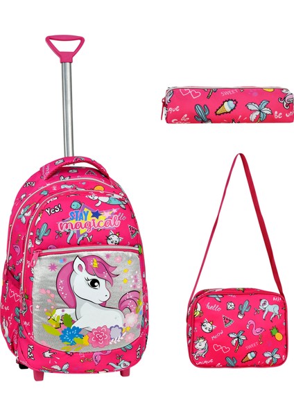 Çekçekli 3'lü Okul Seti, Pembe Unicorn Desenli İlkokul Çantası + Beslenme Çantası + Kalemlik