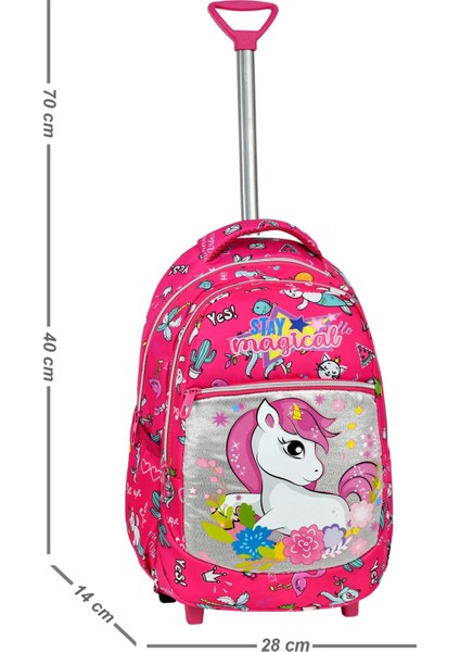 Çekçekli 3'lü Okul Seti, Pembe Unicorn Desenli İlkokul Çantası + Beslenme Çantası + Kalemlik