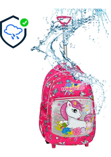 Çekçekli 3'lü Okul Seti, Pembe Unicorn Desenli İlkokul Çantası + Beslenme Çantası + Kalemlik