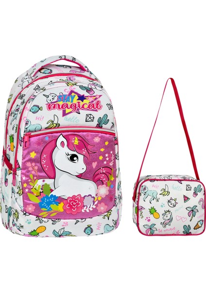 Beyaz Unicorn Desenli İlkokul Çantası + Beslenme Çantası