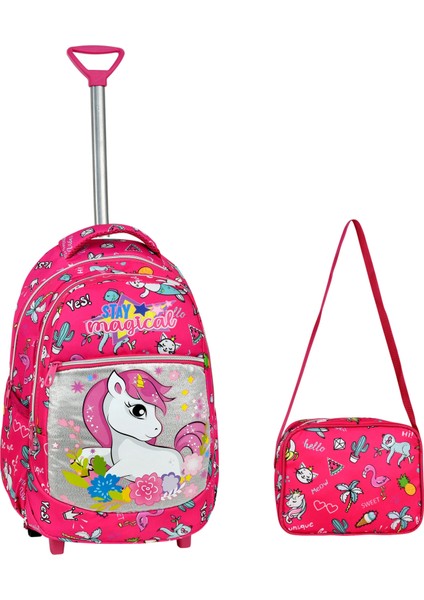 Çekçekli Pembe Unicorn Desenli İlkokul Çantası + Beslenme Çantası
