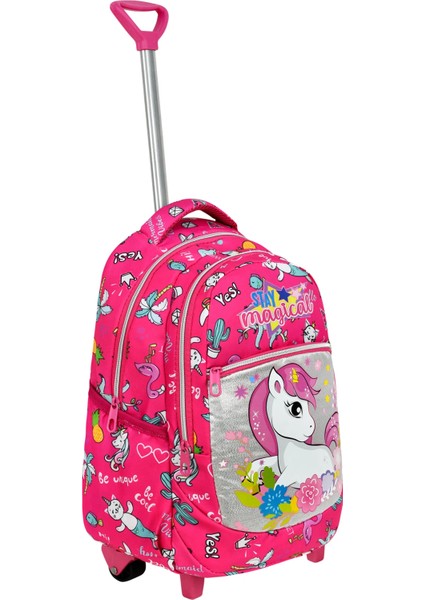 Çekçekli Pembe Unicorn Desenli İlkokul Çantası + Beslenme Çantası