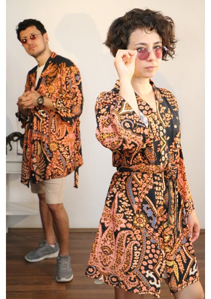 Unisex Otantik Desenli, Şık Kısa Kimono