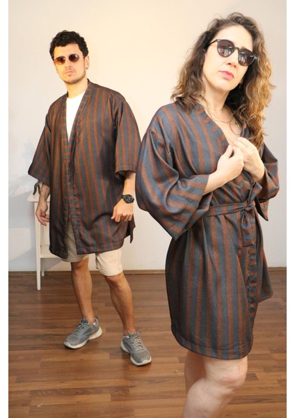 Unisex Kısa Kimono, Kahverengi Çizgili