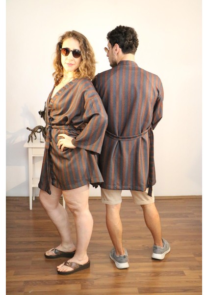 Unisex Kısa Kimono, Kahverengi Çizgili