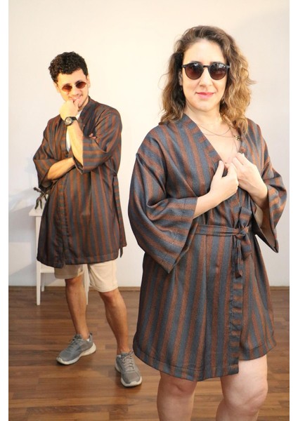 Unisex Kısa Kimono, Kahverengi Çizgili