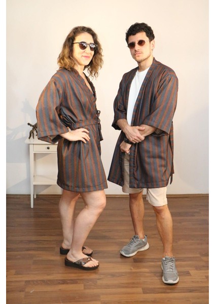 Unisex Kısa Kimono, Kahverengi Çizgili